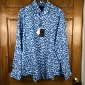 Quieti Mens Blue Geometric Print 100% Linen Long Sleeve Button Down Shirt XL NEW